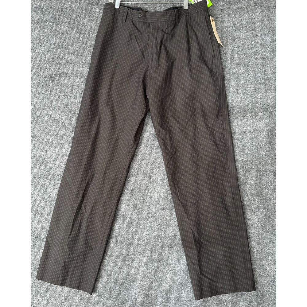 Mens Dress Pants 36x34 Brown Pinstripe Flat Front Straight Leg Business Formal